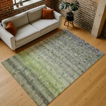 8' X 10' Green And Gray Striped Washable Indoor Outdoor Area Rug
