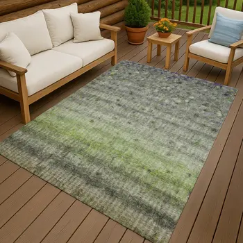 8' X 10' Green And Gray Striped Washable Indoor Outdoor Area Rug
