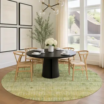 8' Sage And Gold Round Striped Washable Indoor Outdoor Area Rug