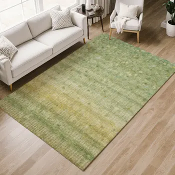 9' X 12' Sage And Gold Striped Washable Indoor Outdoor Area Rug
