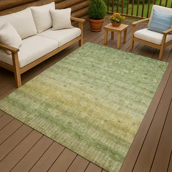10' X 14' Sage And Gold Striped Washable Indoor Outdoor Area Rug