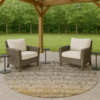 8' Taupe And Gold Round Striped Washable Indoor Outdoor Area Rug