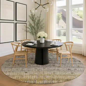 8' Taupe And Gold Round Striped Washable Indoor Outdoor Area Rug