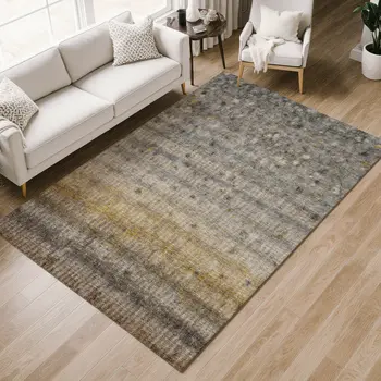 10' X 14' Taupe And Gold Striped Washable Indoor Outdoor Area Rug