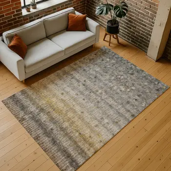 10' X 14' Taupe And Gold Striped Washable Indoor Outdoor Area Rug