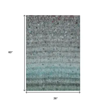 3' X 5' Teal Blue And Gray Striped Washable Indoor Outdoor Area Rug