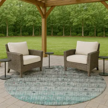 8' Teal Blue And Gray Round Striped Washable Indoor Outdoor Area Rug