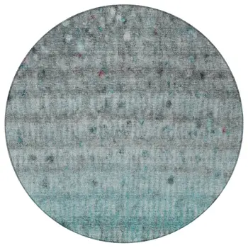 8' Teal Blue And Gray Round Striped Washable Indoor Outdoor Area Rug