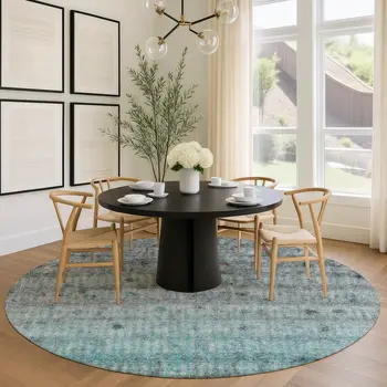 8' Teal Blue And Gray Round Striped Washable Indoor Outdoor Area Rug