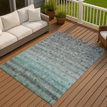 8' X 10' Teal Blue And Gray Striped Washable Indoor Outdoor Area Rug