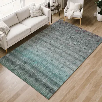 8' X 10' Teal Blue And Gray Striped Washable Indoor Outdoor Area Rug