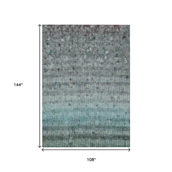 9' X 12' Teal Blue And Gray Striped Washable Indoor Outdoor Area Rug
