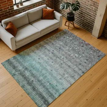 10' X 14' Teal Blue And Gray Striped Washable Indoor Outdoor Area Rug