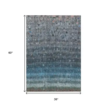3' X 5' Blue And Gray Striped Washable Indoor Outdoor Area Rug