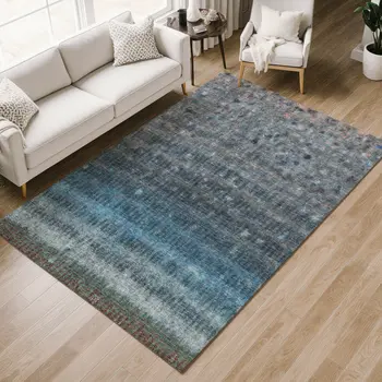 5' X 8' Blue And Gray Striped Washable Indoor Outdoor Area Rug