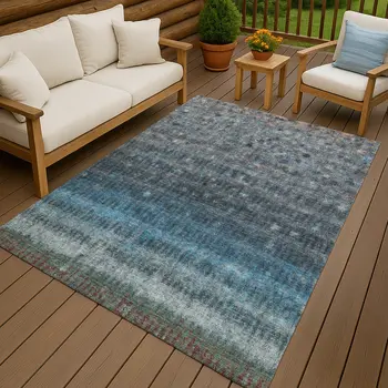 5' X 8' Blue And Gray Striped Washable Indoor Outdoor Area Rug