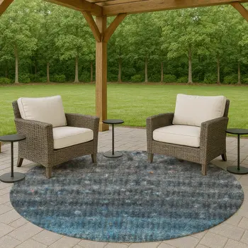 8' Blue And Gray Round Striped Washable Indoor Outdoor Area Rug