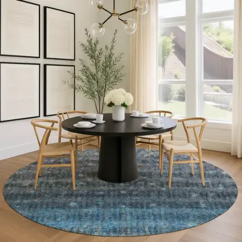8' Blue And Gray Round Striped Washable Indoor Outdoor Area Rug