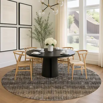 8' Brown And Beige Round Striped Washable Indoor Outdoor Area Rug