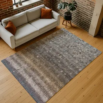 9' X 12' Brown And Beige Striped Washable Indoor Outdoor Area Rug