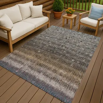 10' X 14' Brown And Beige Striped Washable Indoor Outdoor Area Rug
