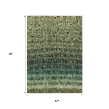 5' X 8' Fern Green And Gray Striped Washable Indoor Outdoor Area Rug
