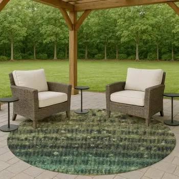 8' Fern Green And Gray Round Striped Washable Indoor Outdoor Area Rug