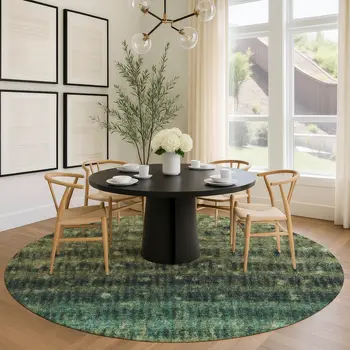 8' Fern Green And Gray Round Striped Washable Indoor Outdoor Area Rug