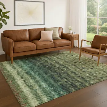 8' X 10' Fern Green And Gray Striped Washable Indoor Outdoor Area Rug
