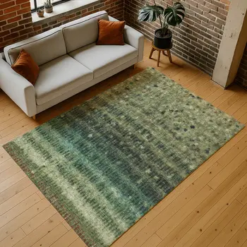 8' X 10' Fern Green And Gray Striped Washable Indoor Outdoor Area Rug