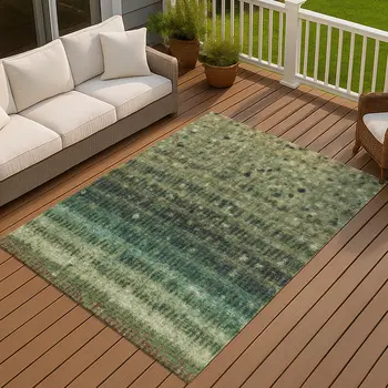 10' X 14' Fern Green And Gray Striped Washable Indoor Outdoor Area Rug