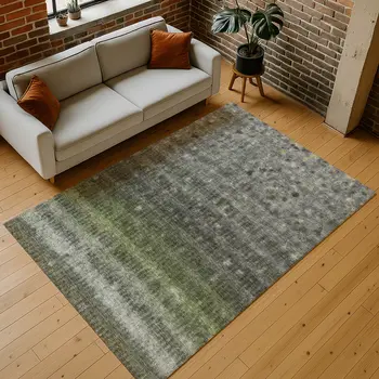 5' X 8' Olive Green And Gray Striped Washable Indoor Outdoor Area Rug