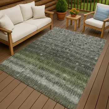 5' X 8' Olive Green And Gray Striped Washable Indoor Outdoor Area Rug