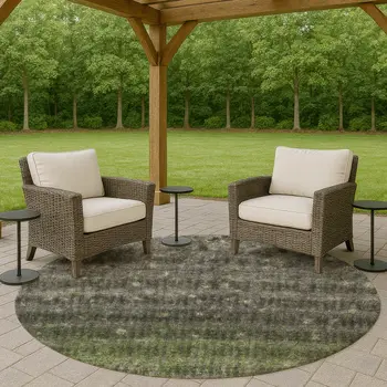 8' Olive Green And Gray Round Striped Washable Indoor Outdoor Area Rug