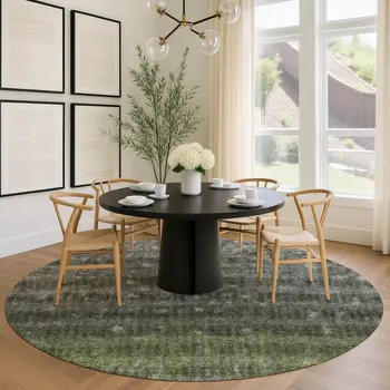 8' Olive Green And Gray Round Striped Washable Indoor Outdoor Area Rug