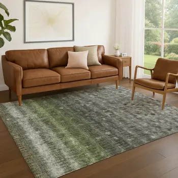 9' X 12' Olive Green And Gray Striped Washable Indoor Outdoor Area Rug
