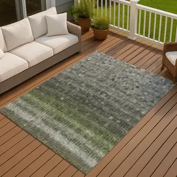10' X 14' Olive Green And Gray Striped Washable Indoor Outdoor Area Rug