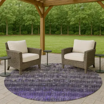 8' Purple And Gray Round Striped Washable Indoor Outdoor Area Rug