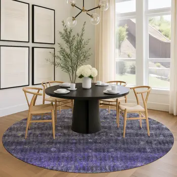 8' Purple And Gray Round Striped Washable Indoor Outdoor Area Rug