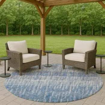8' Blue And Ivory Round Abstract Washable Indoor Outdoor Area Rug
