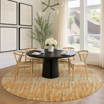 8' Copper And Beige Round Abstract Washable Indoor Outdoor Area Rug