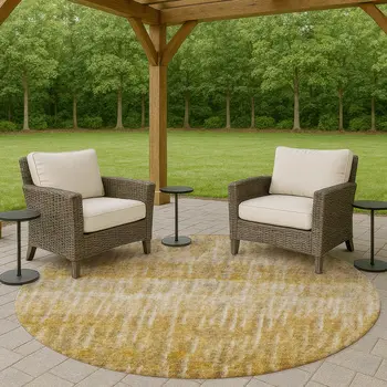 8' Gold Beige And Gray Round Abstract Washable Indoor Outdoor Area Rug
