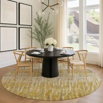 8' Gold Beige And Gray Round Abstract Washable Indoor Outdoor Area Rug