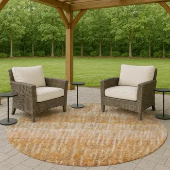 8' Orange Blue And Beige Round Abstract Washable Indoor Outdoor Area Rug