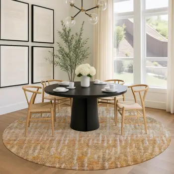 8' Orange Blue And Beige Round Abstract Washable Indoor Outdoor Area Rug