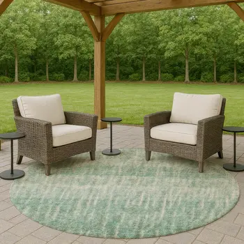 8' Teal Blue And Beige Round Abstract Washable Indoor Outdoor Area Rug