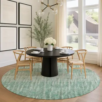 8' Teal Blue And Beige Round Abstract Washable Indoor Outdoor Area Rug