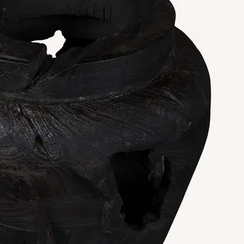 18" Ebony And Black Abstract Solid Wood Table Vase With Sculptural Details