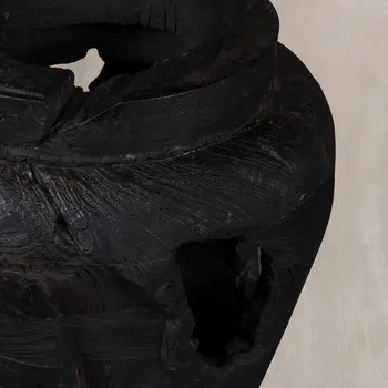 18" Ebony And Black Abstract Solid Wood Table Vase With Sculptural Details