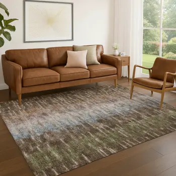 5' X 8' Brown Green And Ivory Abstract Washable Indoor Outdoor Area Rug